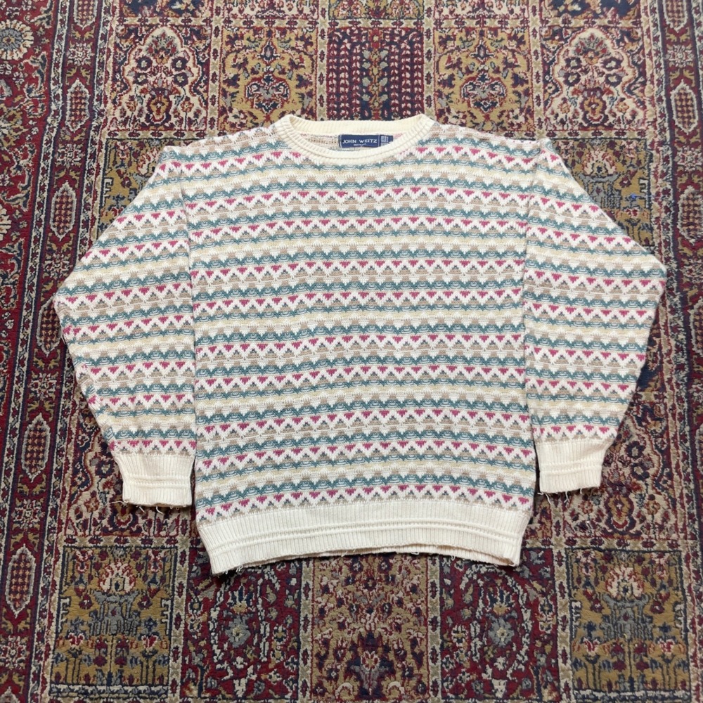VTG 90s JOHN WEITZ Cream Green‎ Striped Fair Isle Cotton Pattern Sweater L USA